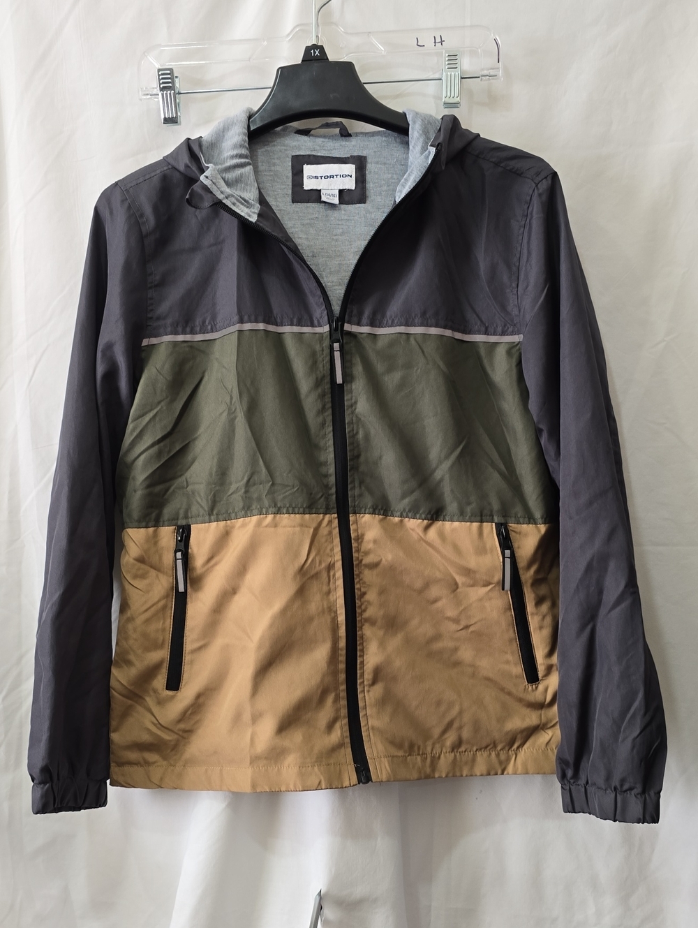 Distortion Men's Hooded Colorblock Windbreaker - Gray/Olive/Tan